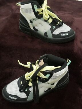 Asics P.E Nation High-Top Sneakers in White, Black & Yellow-Green